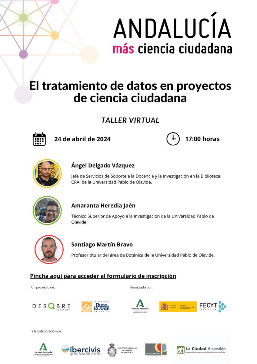 📢¿Quieres aprender más sobre Ciencia Ciudadana?
Tenemos un nuevo taller, sobre el tratamiento de datos en los proyectos de ciencia ciudadana, con investigadores de @pablodeolavide 

#AndalucíaCiencia #CienciaCiudadana @UniversidadAnd @FECYT_Ciencia @Ibercivis