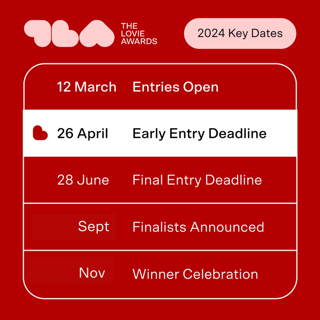 We wanted to make sure you didn't miss any of our key dates for the season ✨

Still would like a reminder? Subscribe to the Lovie Awards Newsletter here 👉 ow.ly/prQy50RiwM6 for a weekly recap about the best of the European internet!