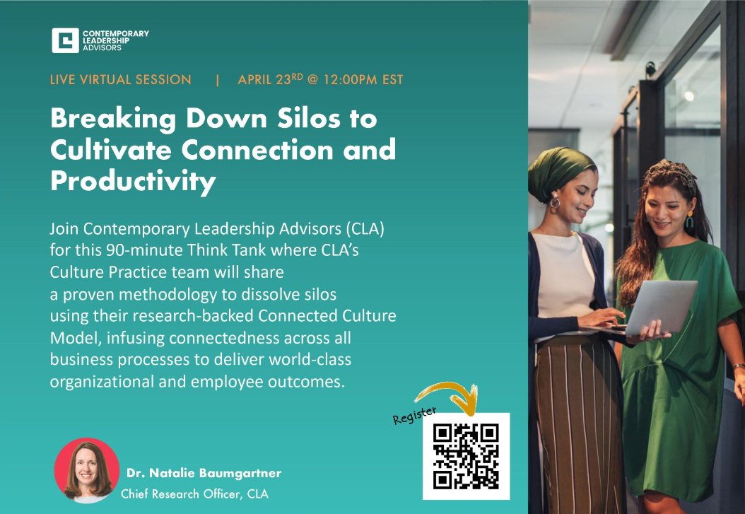 Reminder! This Tuesday 4/23 from 12:00pm-1:30pm ET I’ll be hosting a free Think Tank “Breaking Down Silos to Cultivate Connection and Productivity.” See you there! Register here: tiny.cc/ln14xz 
 #Culture #Leadership #ThinkTank