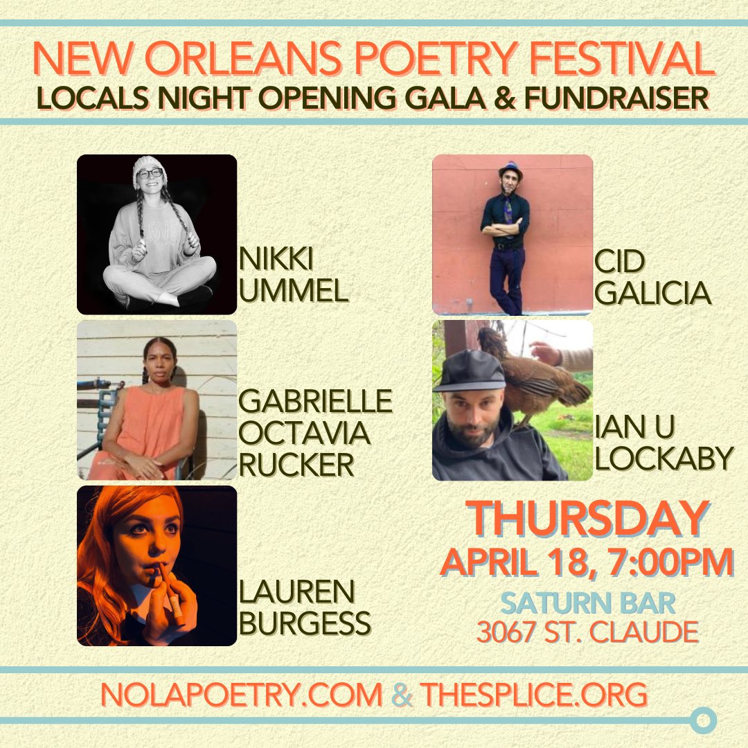 NOLA Poetry Festival (@nolapoetry) on Twitter photo It all kicks off TONIGHT! Check us out at Saturn Bar where five local poets read for the Opening Gala of the New Orleans Poetry Fest 2024! Tomorrow night we'll be at Café Istanbul, then on Saturday and Sunday we'll be at the New Orleans Healing Center and St. Roch Tavern all day! It all kicks off TONIGHT! Check us out at Saturn Bar where five local poets read for the Opening Gala of the New Orleans Poetry Fest 2024! Tomorrow night we'll be at Café Istanbul, then on Saturday and Sunday we'll be at the New Orleans Healing Center and St. Roch Tavern all day!