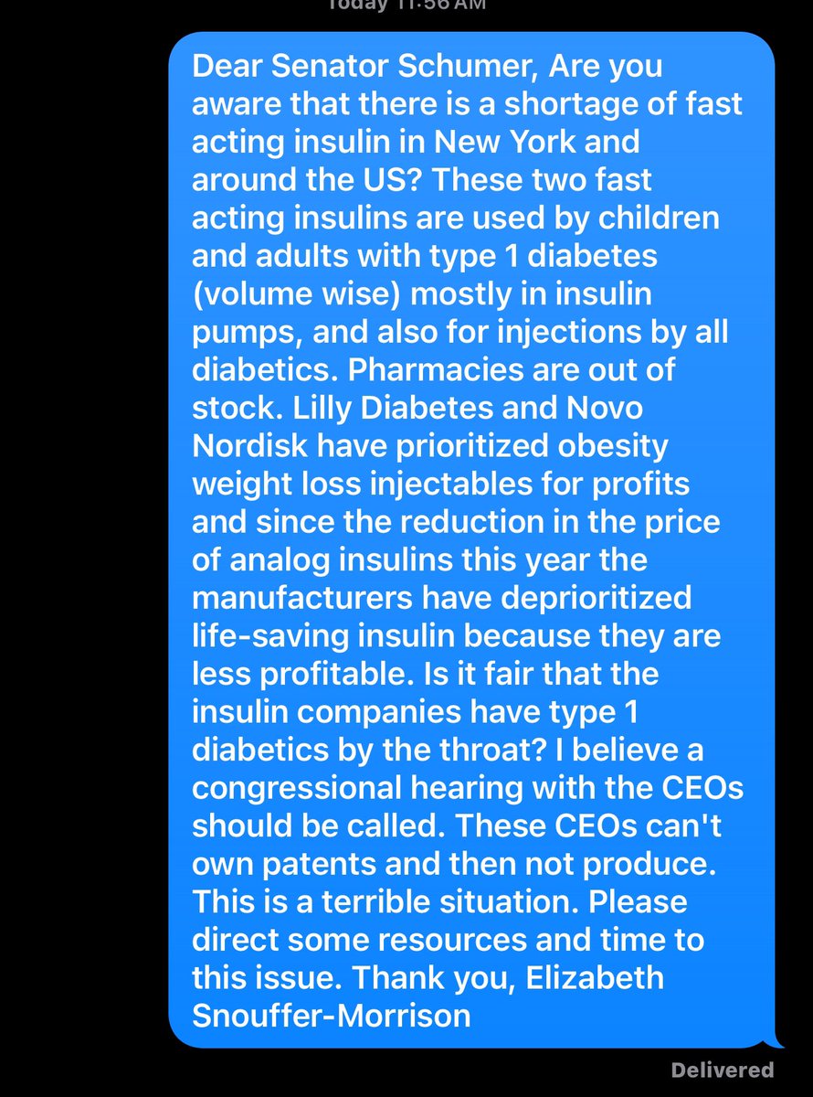 My message to @senschumer - who else should I send my message to? #insulin #shortage #type1diabetes #diabetes #humalog #novolog #essentialmedicines #patents #BigPharma