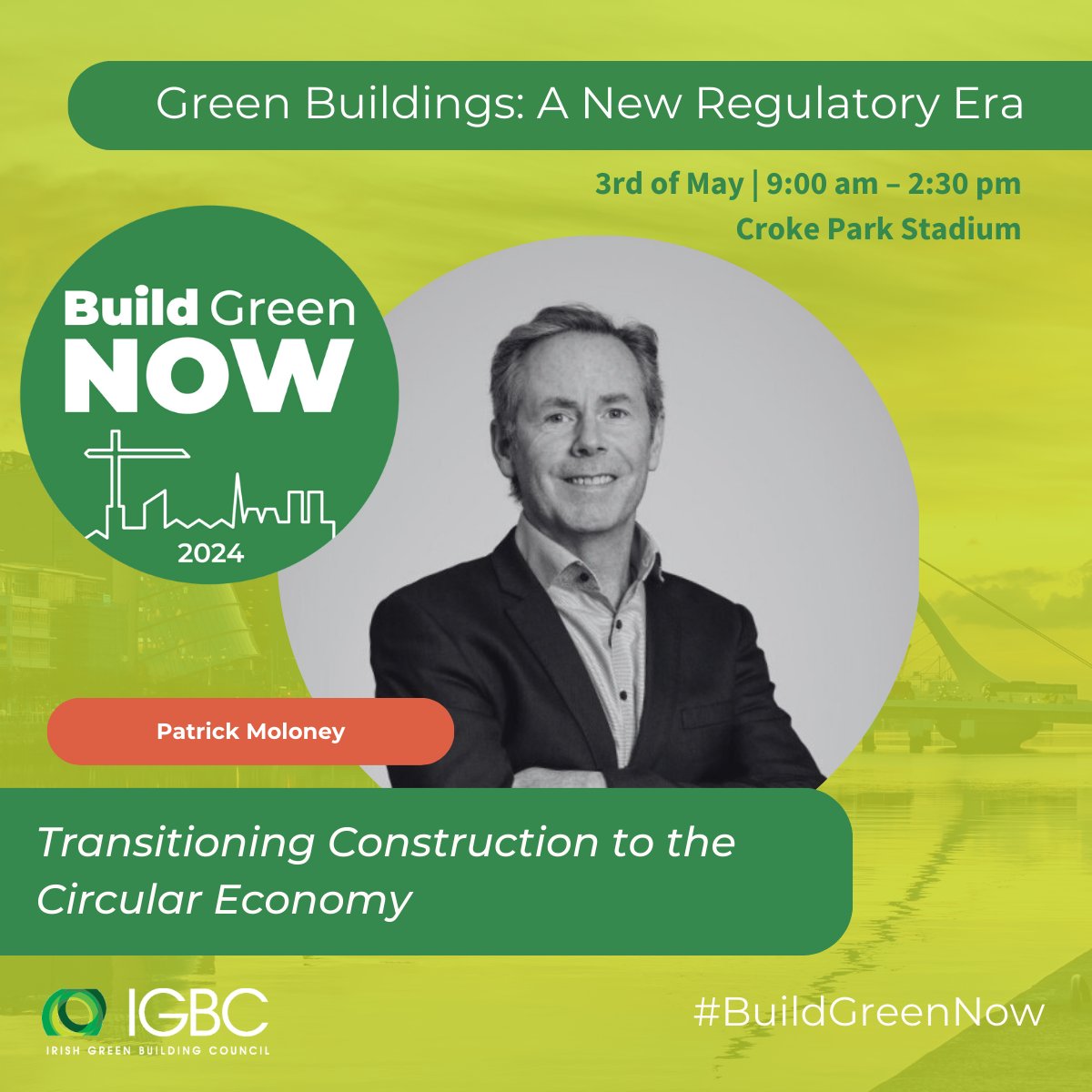 🔄 Join #BuildGreenNow to learn how to transition the #ConstructionIndustry to a circular model with Patrick Moloney from @ramboll. 

🗓️ May 3rd, 🕛 9:00 am📍 Croke Park

🌟 5 CPD Points ➡️ bit.ly/build-green-no…