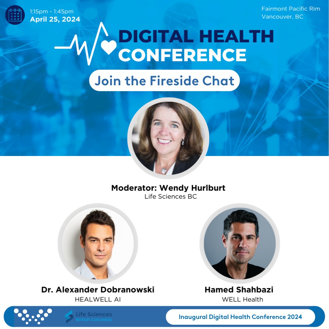 We're excited to share that Hamed Shahbazi, CEO of WELL, & Dr. Alexander Dobranowski, CEO of @Healwell_AI , will be participating in the @lifesciences_bc 's Inaugural Digital Health Conference Fireside Chat to discuss #AI, #DigitalHealth & more! 🚀 ow.ly/KVmO50RixR8