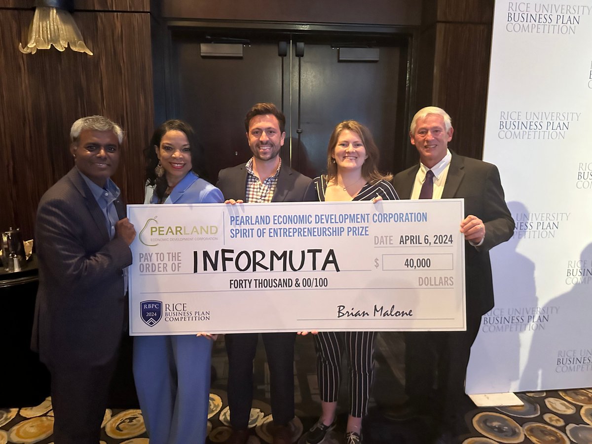 PEDC Board of Directors Deen Bakthavatsalam and Michi Bruns Clay and Vice President Brian Malone celebrate with Informuta after awarding the team the $40,000 Pearland Spirit of Entrepreneurship prize at this year's Rice Business Plan Competition.