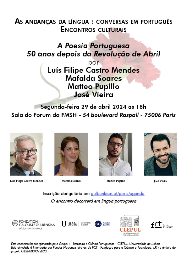 A Poesia Portuguesa 50 anos depois da Revolução de Abril Le 29 avril à 18h au @lcdpu-@FondationMSH, nous aurons le plaisir d’accueillir Luís Filipe Castro Mendes pour évoquer les 50 dernières années de la production littéraire et culturelle portugaises. 🔗urlz.fr/qk8Q