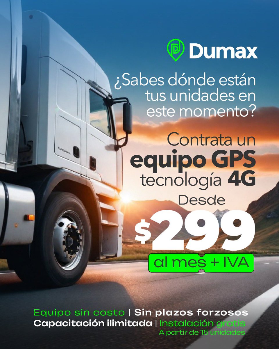 Dumaxst's tweet photo. ¿Sabes donde están tus unidades en este momento? 🚛

Cubre tus necesidades de operación con el objetivo de lograr una reducción de costos y lograr el aumento de tu productividad. 

Desde $299.00 + IVA al mes https://t.co/fHv6khXbiM