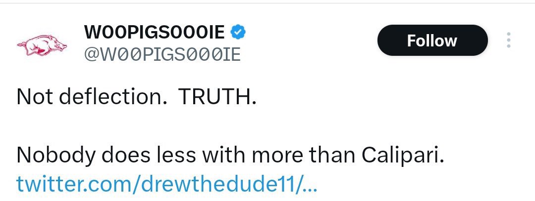 bongo_boogie's tweet photo. @W00PIGS000IE Someone a little worried that the kids might not want to follow him to Arkansas? No one does less with more, remember? https://t.co/2TBbkBVJV9