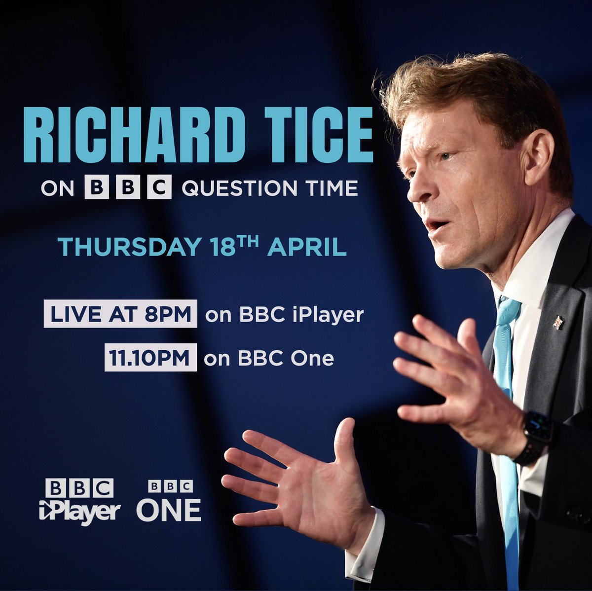 TUNE IN: Reform UK leader, Richard Tice, is on BBC Question Time tomorrow night. 📺 Live on BBC iPlayer at 20:00 and BBC One at 23:10. #BBCQT