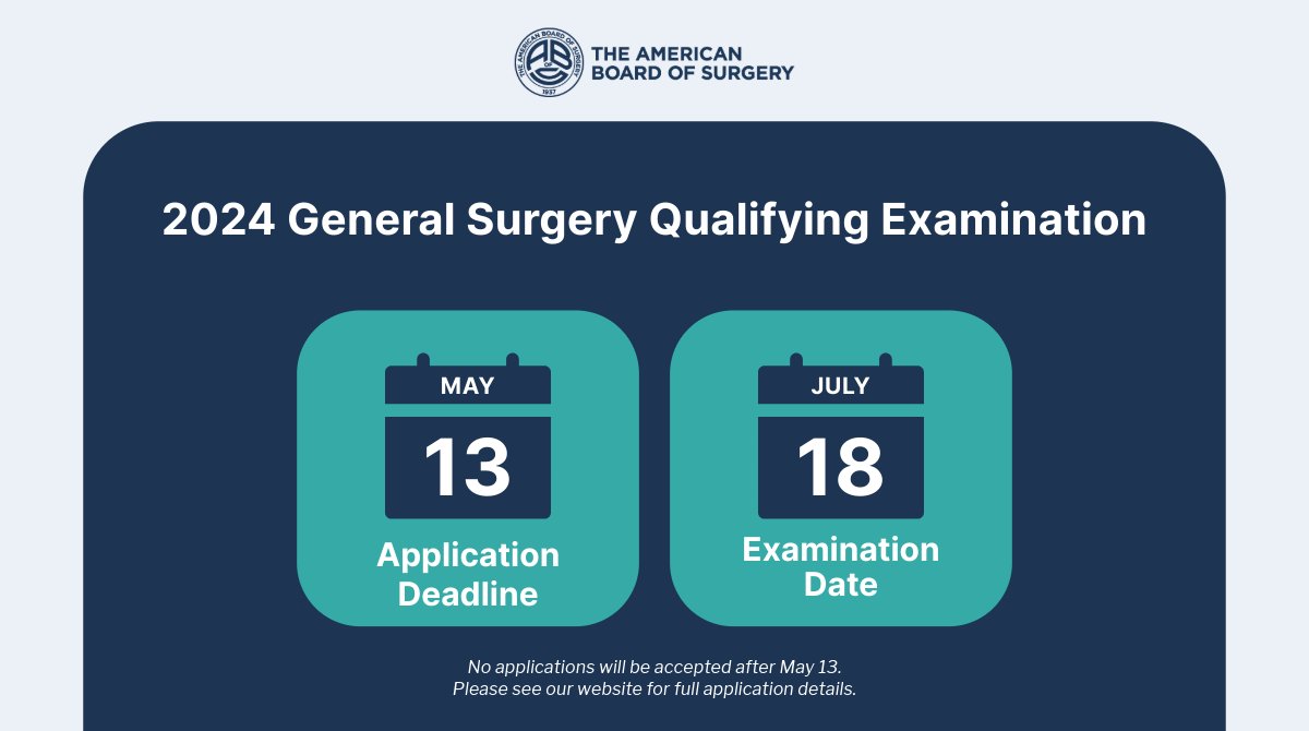 REMINDER: #GSQE applications are now available & must be submitted by May 13. An operative log meeting current ABS requirements must be submitted or uploaded no later than June 7. See our website for full application details: ow.ly/vIs050RjbXH