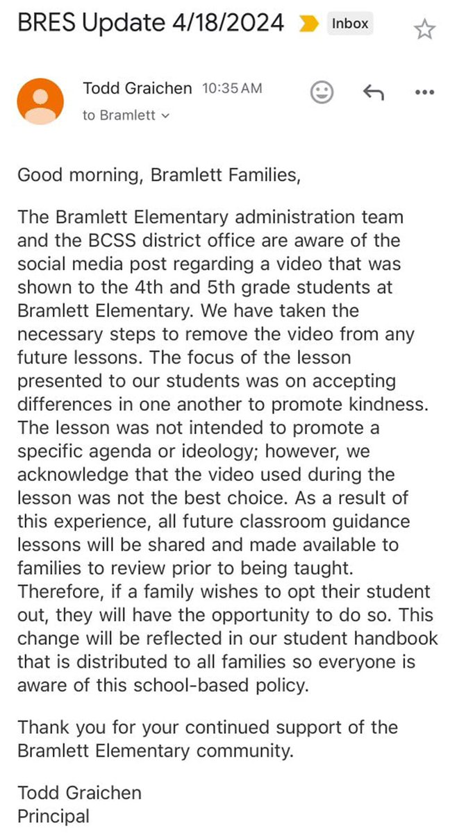 BREAKING: Bramlett Elementary School principal Todd Graichen announces they are removing the bizarre LGBTQ themed video from any future school lessons following Libs of TikTok expose. Parents will now be notified of future lessons and can opt their children out of them if they…