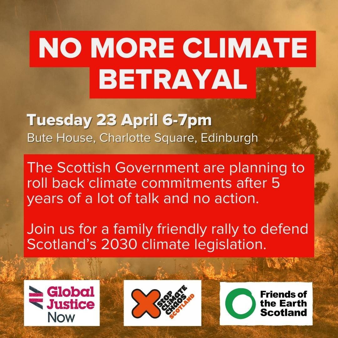 #ClimateBetrayal In 2019 the #ScottishGovernment approved a new Climate Law, as ‘world leaders’ on climate action. Today they announced plans to scrap the 2030 target. Action in this decade is crucial to avert the worst impacts of the climate crisis. Join us! 💚 #UnitetoSurvive