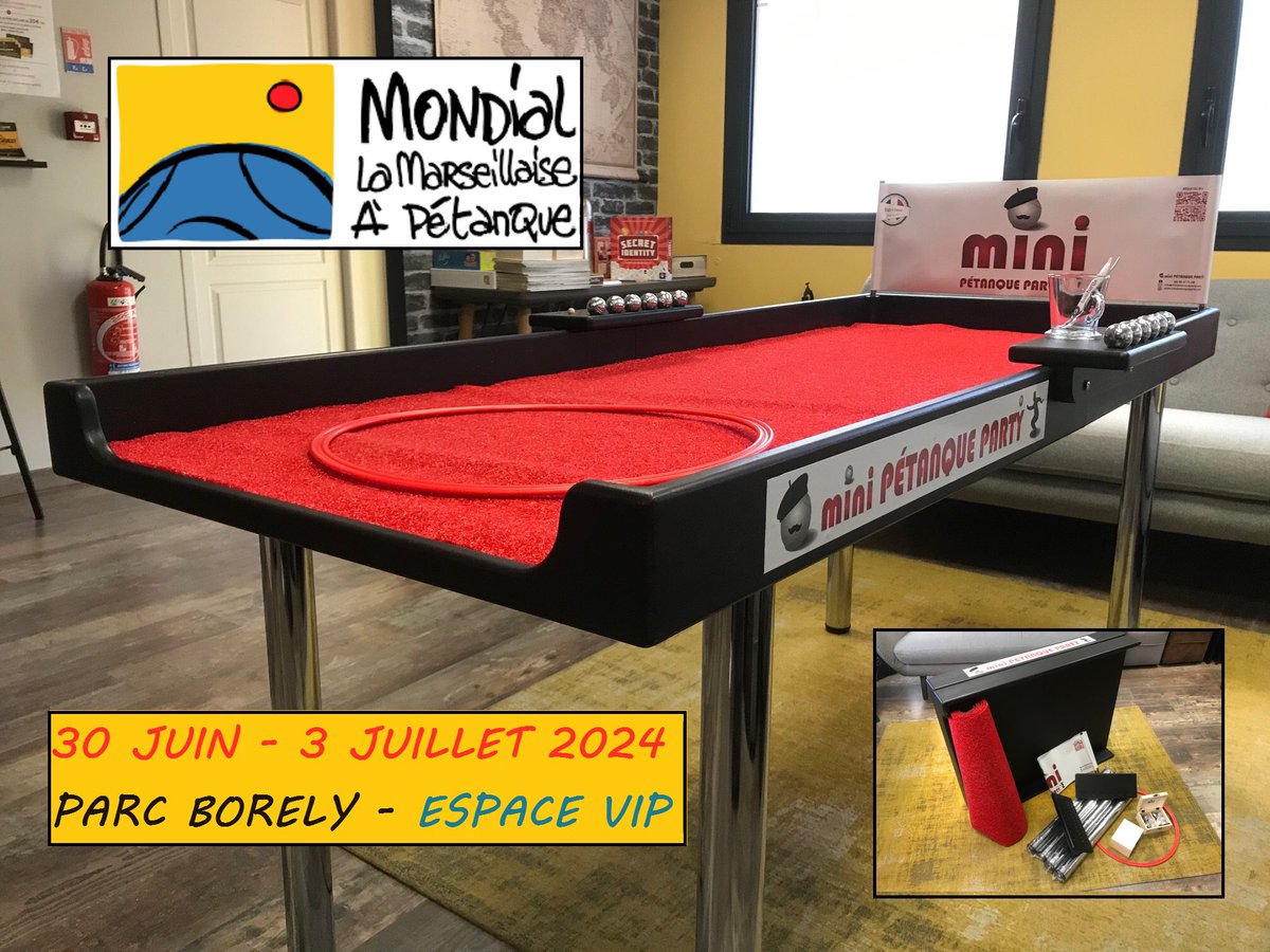 MiniPetanque's tweet photo. MINI Pétanque Party déboule au « Mondial La Marseillaise à Pétanque » du 30 Juin au 3 Juillet 2024 au Parc "Borély" dans l'espace VIP ! 

#mlm2024 #minipetanque #jeu #minipetanqueparty #news #new #petanquedetable  #miniboule #MondialLaMarseillaise  #petanque #pétanque  #marseille https://t.co/JVIMwyHqh1