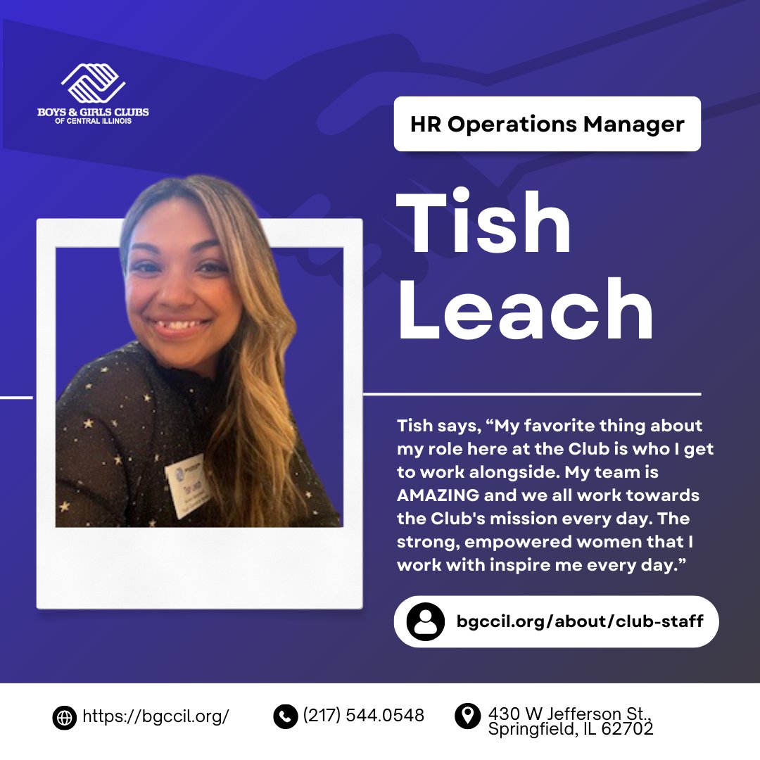 BGCCIL's tweet photo. MEET THE TEAM SERIES: Tish Leach, HR Operations Manager

Thank you for everything you do for the Club in propelling our mission forward, Tish! We appreciate you. 🤝💙

#GreatFutures #LuvTheClub #ClubAppreciation https://t.co/x5qNb3RRAh