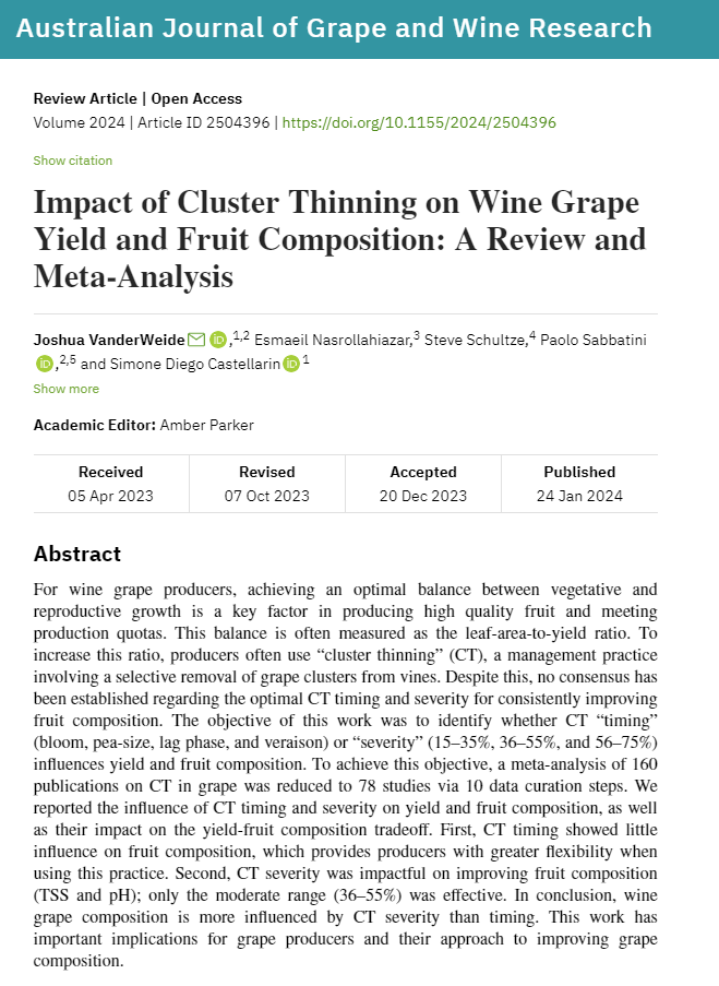 This review of #graperesearch on #clusterthinning found that timing has little impact on fruit composition, but moderately severe (e.g., 36–55%) thinning does. The findings could give growers greater flexibility in timing and provide an optimal range. buff.ly/43JJidV