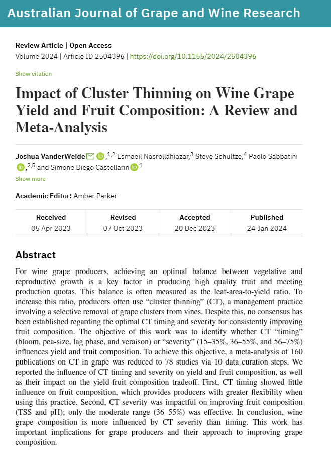 GrapeResearch's tweet photo. This review of #graperesearch on #clusterthinning found that timing has little impact on fruit composition, but moderately severe (e.g., 36–55%) thinning does. The findings could give growers greater flexibility in timing and provide an optimal range. https://t.co/Kope52X4Tf https://t.co/3nJRq8WTJW