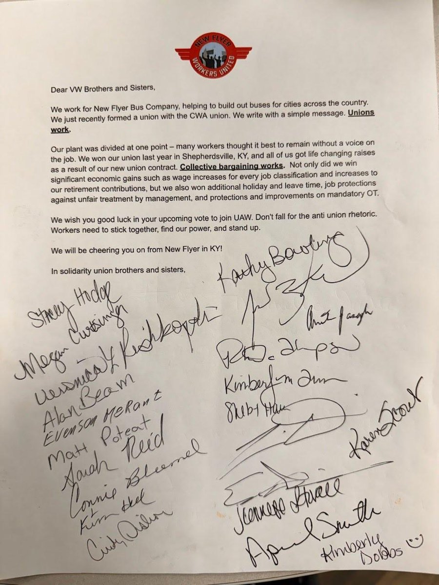 Thank you to the workers at the New Flyer Bus Company in Shepherdsville, KY, for your message of solidarity with Volkswagen workers in Chattanooga, TN! 

#StandUpVW