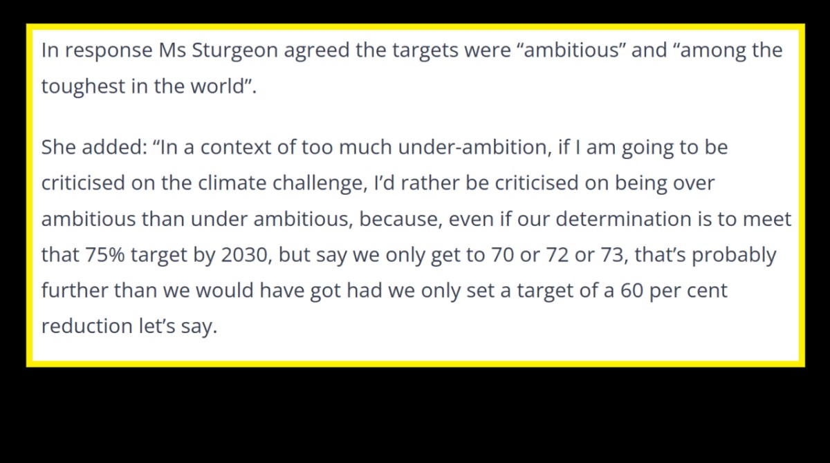 NOV '21: Nicola Sturgeon defends Scotlands targets after they were deemed ‘overcooked’ SHE SAID SHE would rather B criticised 4 being over ambitious than under ambitious with her emissions targets #COP26 SO not a surprise SNP targets have been scrapped BUT. THIS. IS. ON. THEM