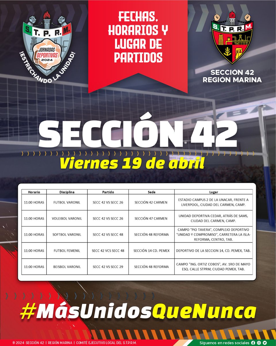 Estos son los horarios y lugares de los partidos del día viernes 19 de abril. Acompaña y anima a las selecciones de la Sección 42 en las #JornadasDeportivasSTPRM2024     
No faltes!  
#MásUnidosQueNunca 
#SomosSTPRM 
#UnidosVenceremos
@lgps03101
@MarcoAzuara1