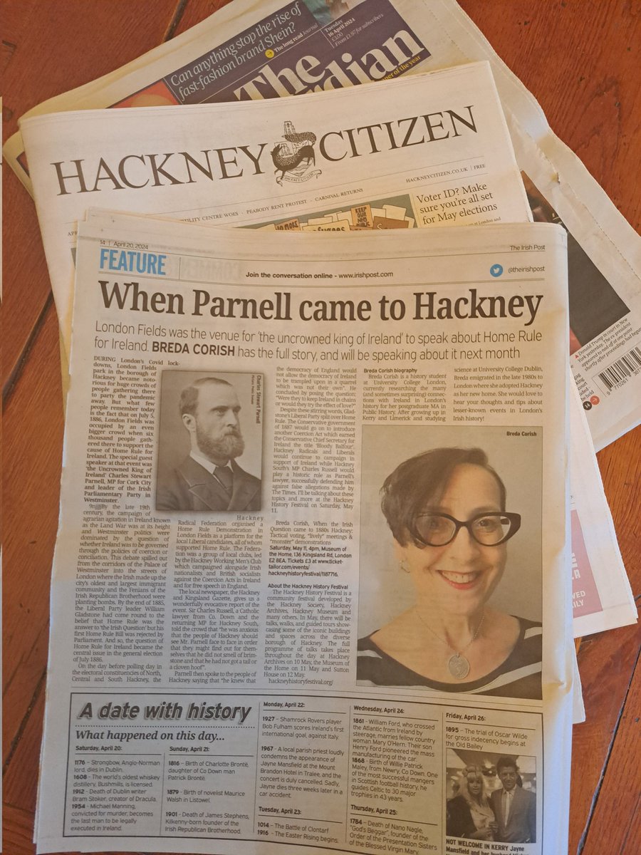 Life's unexpected turns... 2019 redundancy came calling 2020 a student again 2023 discovered Charles Stewart Parnell spoke at a London Fields demo in 1886 ☘️ 2024 @theirishpost lets me tell everyone about it 💚 More stories to tell at @HackneyHistFest 👇 tickettailor.com/events/hackney…