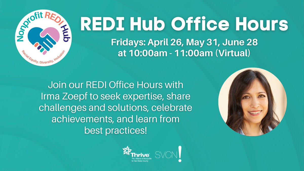 Join SVCN and @ThriveAlliance on Friday, April 26 for REDI Hub Office Hours – a safe, inclusive space where our members and affiliates can come together to share insights, discuss questions, and exchange best practices related to REDI. @izoepf Register: svcn.org/nonprofit-redi…