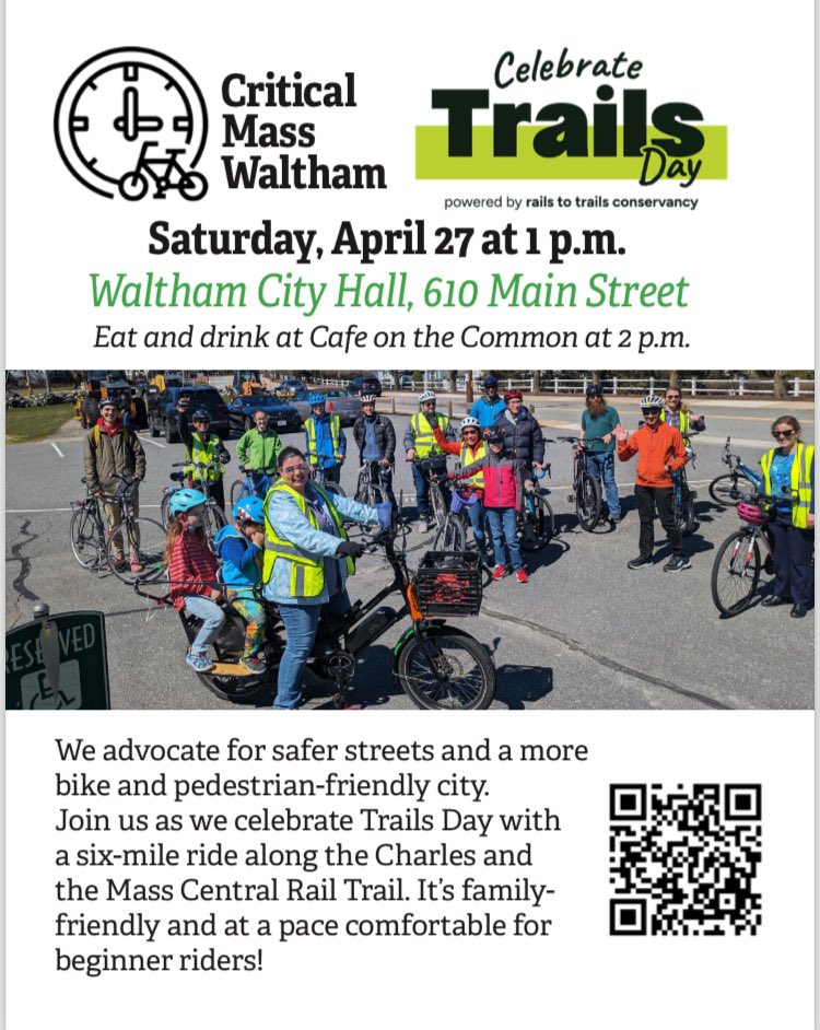 BikeWaltham's tweet photo. Our April ride coincides with @railstotrails Celebrate Trails Day so we will be riding on both MCRT and Charles River Greenway! #30daysofbiking 

📅 Saturday April 27
🕐 1pm
📍 Waltham City Hall
🗺️ 6 miles
☕️ after at Cafe on the Common

See you then! 🚲🚲🚲 https://t.co/FUOUiBMe69