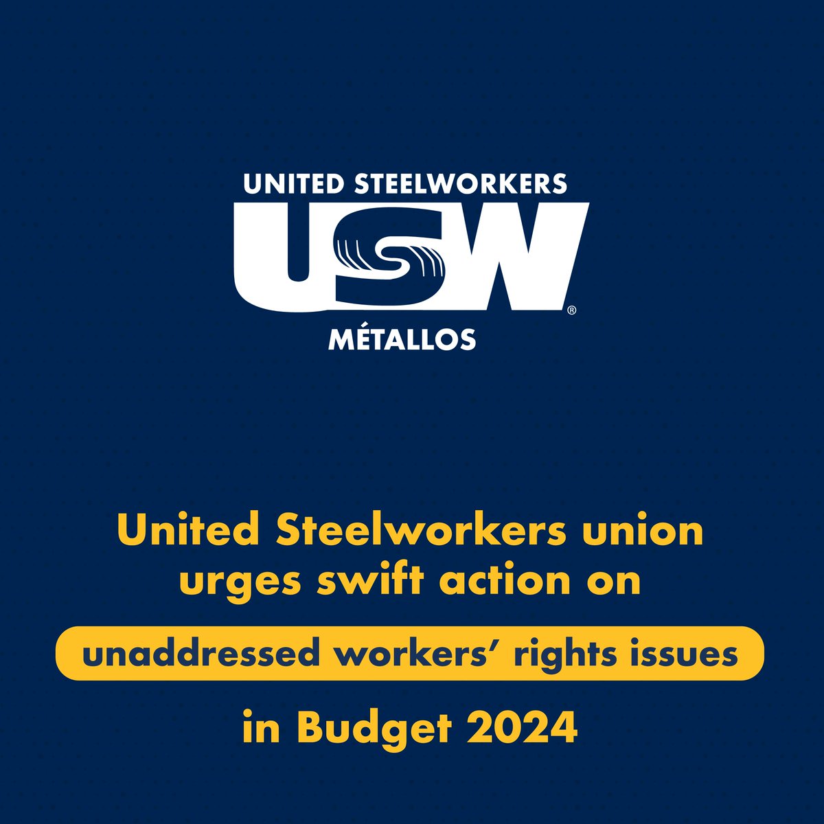 The United #Steelworkers acknowledges the positive steps taken by the federal government in #Budget2024 to uphold workers’ rights and advance #sustainable job creation but emphasizes the need for swift action on critical, unaddressed issues. Read more: usw.ca/federal-budget…