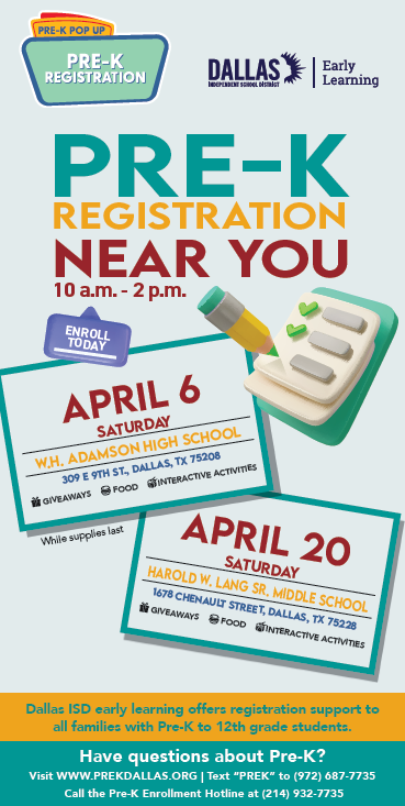 JLEFamConnect's tweet photo. Pre-K registrations are this Saturday!
When: April 20, 2024
Where: 1678 Chenault St. Dallas, TX 75238
Time: 10AM-2PM
Half-day PK3 and full-day PK4 spots available!
SHARE! SHARE! SHARE! https://t.co/bibemw0iXv