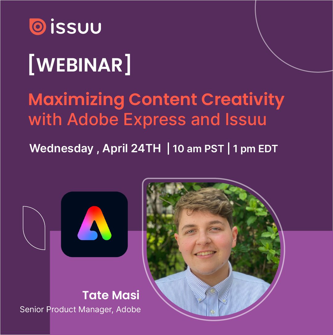 Ready to revolutionize your #contentcreation process with @AdobeExpress and Issuu? Join Issuu experts and Tate Masi, Senior Product Manager at @Adobe, for this exclusive webinar—spots are limited ⬇️ issuu.zoom.us/webinar/regist…