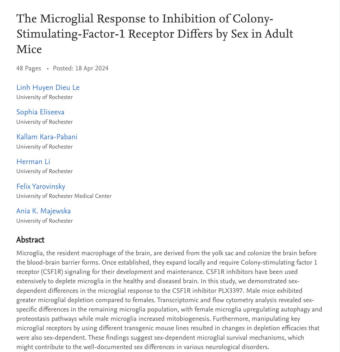 Excited to share a pre-print from my PhD rotation 'The Microglial Response to Inhibition of Colony-Stimulating-Factor-1 Receptor Differs by Sex in Adult Mice' @SSRN @RocMSTP @URNeuroscience papers.ssrn.com/sol3/papers.cf…