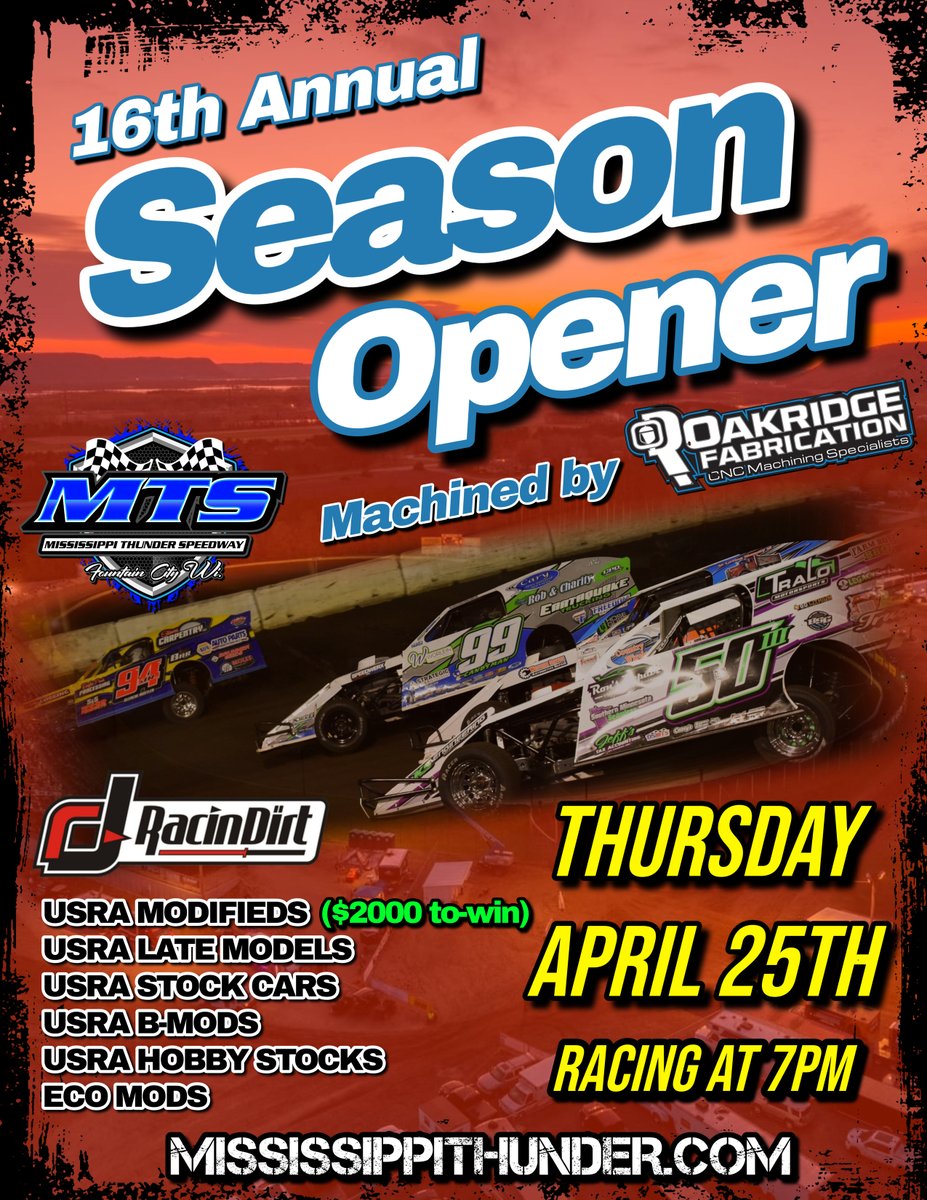 One week away from try number two for the start of the 2024 season! Make plans to head to Fountain City, WI for the 16th Annual Season Opener! USRA Mods ($2,000 to-win), USRA Late Models, USRA Stock Cars, USRA B-Mods, USRA Hobby Stocks and Eco Mods will all be on the match card!