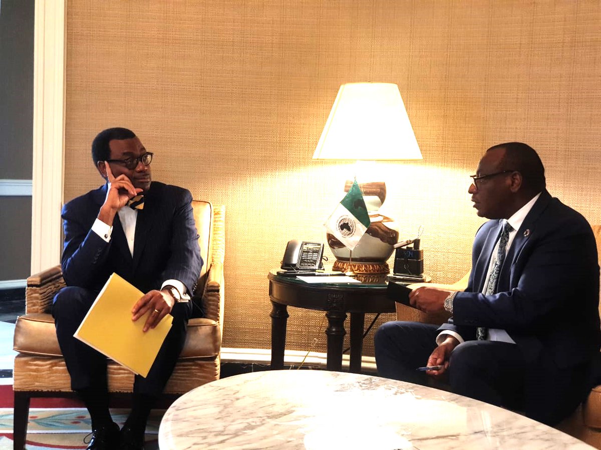 Productive meeting betw @ClaverGatete & @akin_adesina on support to the @_AfricanUnion's #G20 role; #NaturalCapital Accounting; Adaptation & sustainable #debt solutions, in addition to @ECA_Official-@AfDB work on #AEC #Stats & #AfricanGreenMineralsStrategy 

#IMFWorldBankMeetings