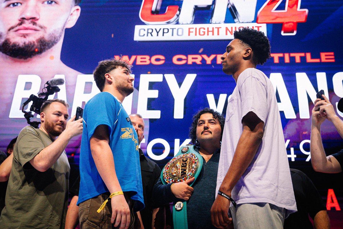 CEREMONIAL WEIGH INS! 📸 The stars of #CFN4 face-off for the final time  @token2049 before they go head-to-head in the ring TOMORROW! 🔥 #️⃣ #CFN4  🥊 Ansem vs. Barney 📆 TOMORROW 📍 @