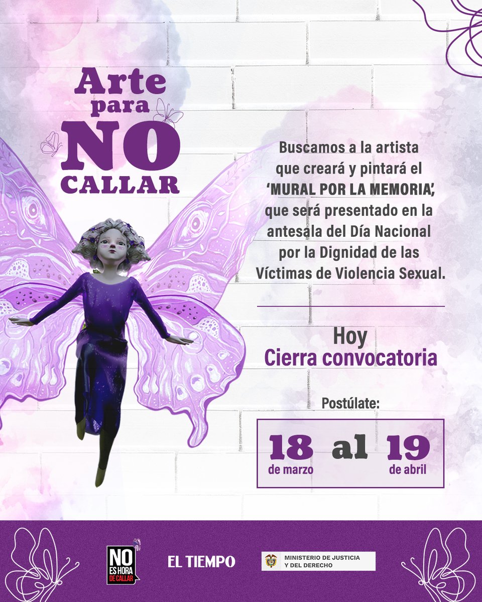 🟣 Hoy cierra la convocatoria #NoEsHoraDeCallar para seleccionar a la artista creadora del ‘Mural por la Memoria’, en la cárcel La Modelo de Bogotá. 

¡Postúlese aquí!  ➤ minjusticia.gov.co/Sala-de-prensa…