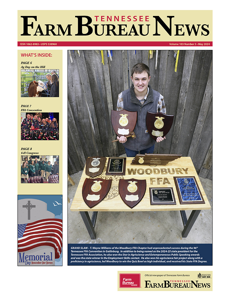 The newest edition of Tennessee Farm Bureau News should be hitting your mailbox soon! In this edition you can read more about new Tennessee FFA President T. Wayne Williams, FFA Convention, Tennessee 4-H Congress, and much more! #TNFarmBureau I #FBNews I #TNAgriculture