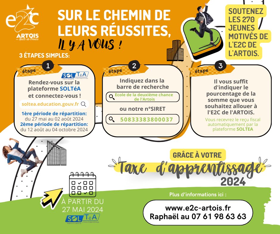 Un geste simple pour vous mais si fort pour nous et tous les jeunes motivés que nous accompagnons à l'E2C de l'Artois. En 3 étapes simples sur la plateforme #SOLTEA à partir du 27 mai 2024, vous pouvez soutenir notre école. #taxedapprentissage2024 #générationmotivée #e2cartois