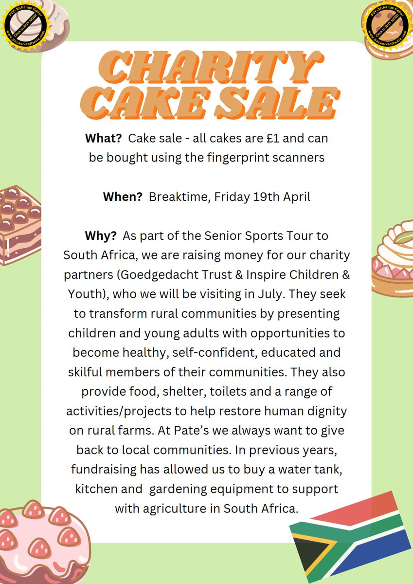 Looking forward to our Senior Sports Tour's Charity Cake Sale tomorrow, raising money for Goedgedacht Trust & Inspire Children & Youth in South Africa. Our Tour will visit these charities, whose work transforms rural communities, in July... every penny counts! #pateshorizons