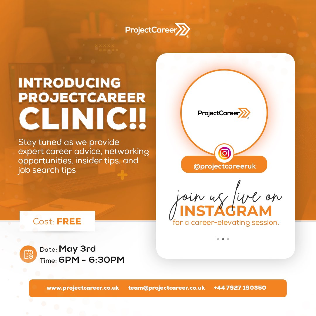 Embark on a journey of career discovery with ProjectCareer Clinic! Get ready to unlock your potential, gain expert insights, network with professionals, and elevate your career for FREE. Join us live on Instagram on May 3rd at 6 PM!
#careerdevelopment #careercoachingtips