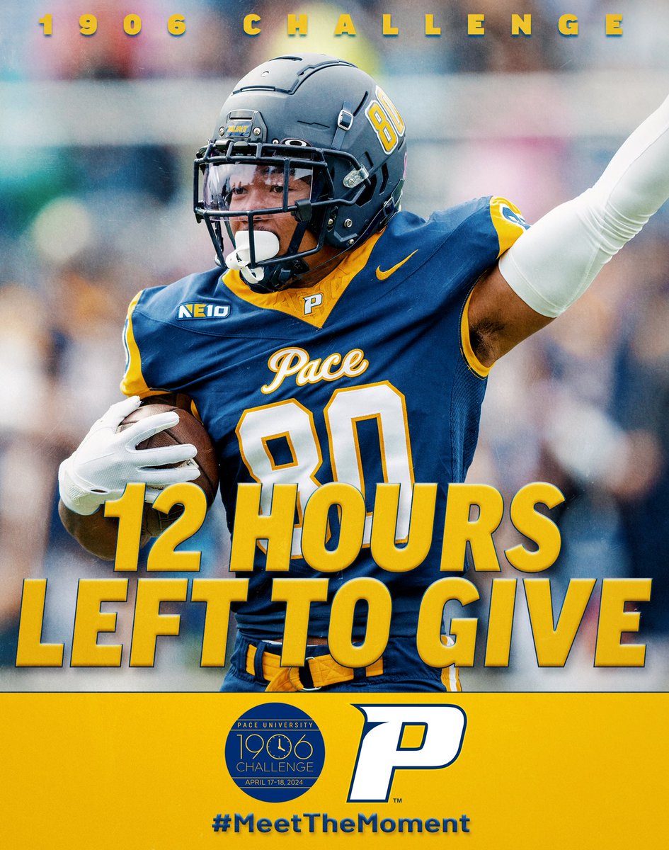 PaceUFootball's tweet photo. ⏳ 𝙏𝙞𝙢𝙚 𝙩𝙤 𝙈𝙚𝙚𝙩 𝙩𝙝𝙚 𝙈𝙤𝙢𝙚𝙣𝙩 🕰️
Only 12 hours left to help us #MeetTheMoment. Don’t miss out on your chance to support Pace Football during the 1906 Challenge. Every gift until midnight, no matter the amount will count! https://t.co/pQXgC6WRfQ https://t.co/sMZzWJRfBB