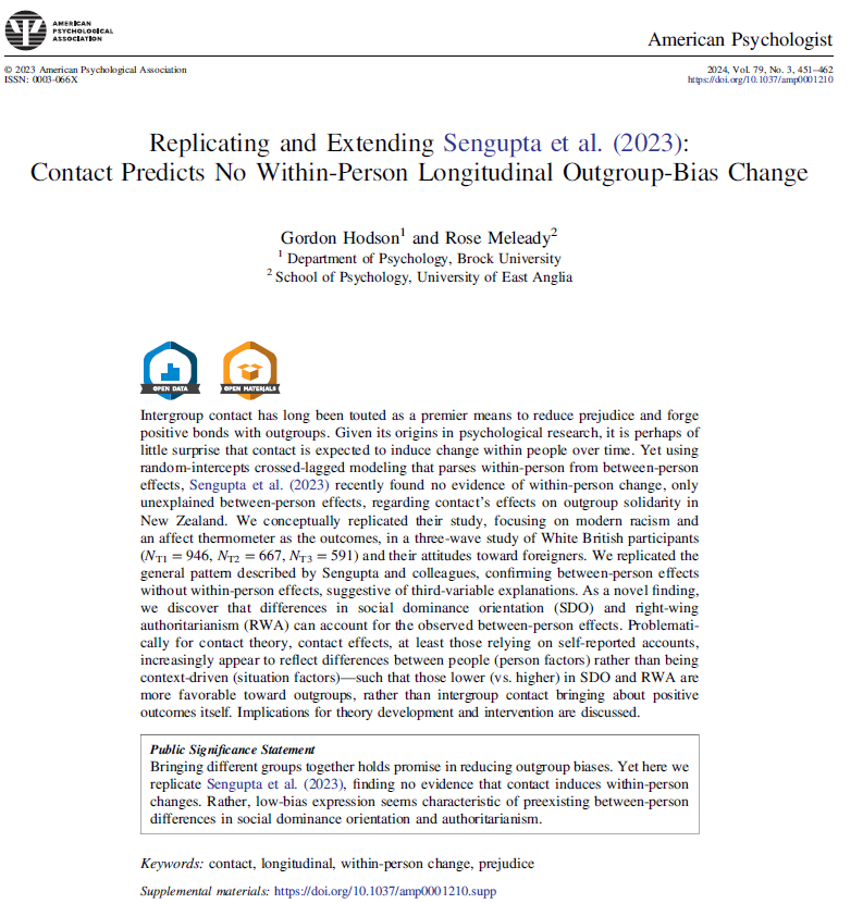 Our longitudinal paper, now out, fails to find within-person change in attitudes following contact. psycnet.apa.org/doiLanding?doi…