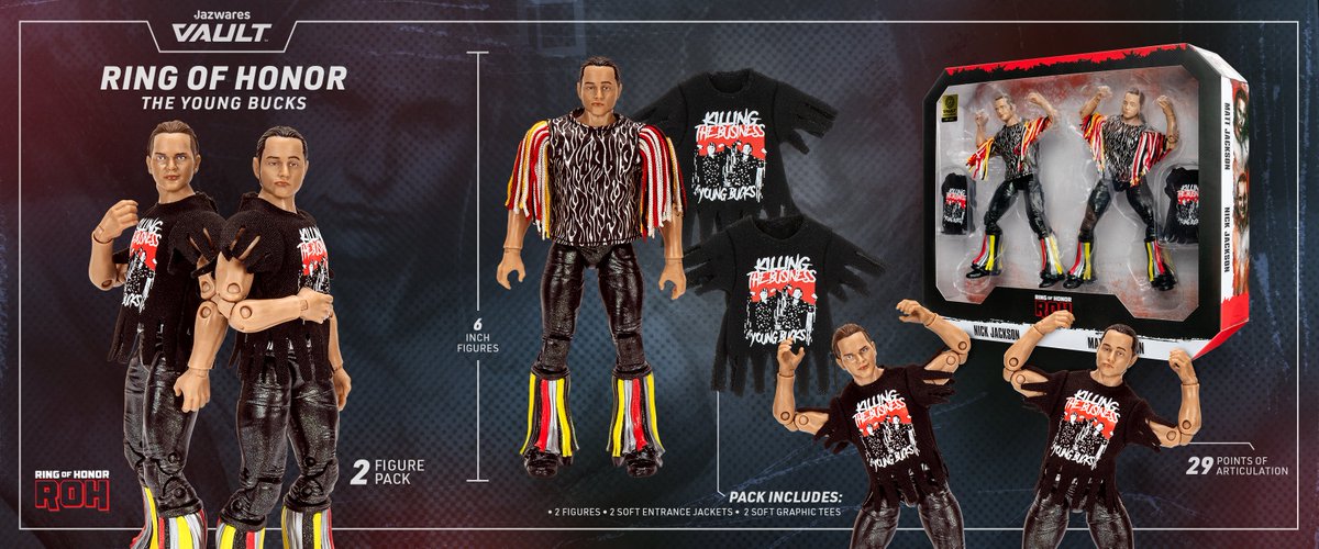 Raise the bar with the @ringofhonor Young Bucks Vault Exclusive. This two-figure set depicts Nick and Matt Jackson during their Ring of Honor reign and comes equipped with tassel jackets and soft t-shirts. Available on April 24. #JazwaresVault #RingofHonor #AEW #Jazwares