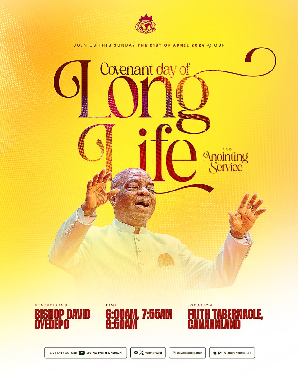 ft_canaanland's tweet photo. Don't miss this opportunity to enjoy the covenant of a good old age. 

Service Times are 6:00 a.m., 7:55 a.m., and 9:50 a.m.

Be there, and bring a friend along for an unforgettable experience! https://t.co/pmzqx7o6Qk