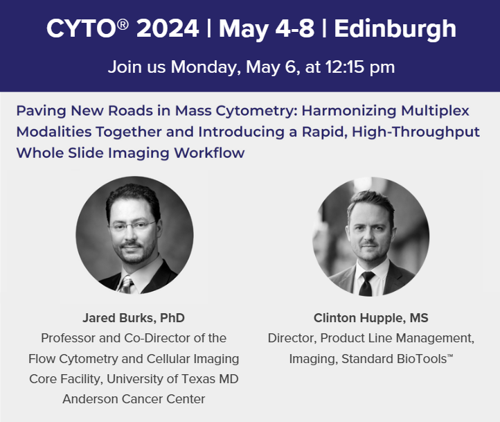 We are thrilled to invite you to a CYTO® 2024 lunchtime Exhibitor Spotlight Theater with Jared Burks, PhD, and Clinton Hupple, MS. Come have lunch with us on Monday, May 6, at 12:15–1:15 pm: go.standardbio.com/l/838373/2024-… #CYTO24 #CyTOF