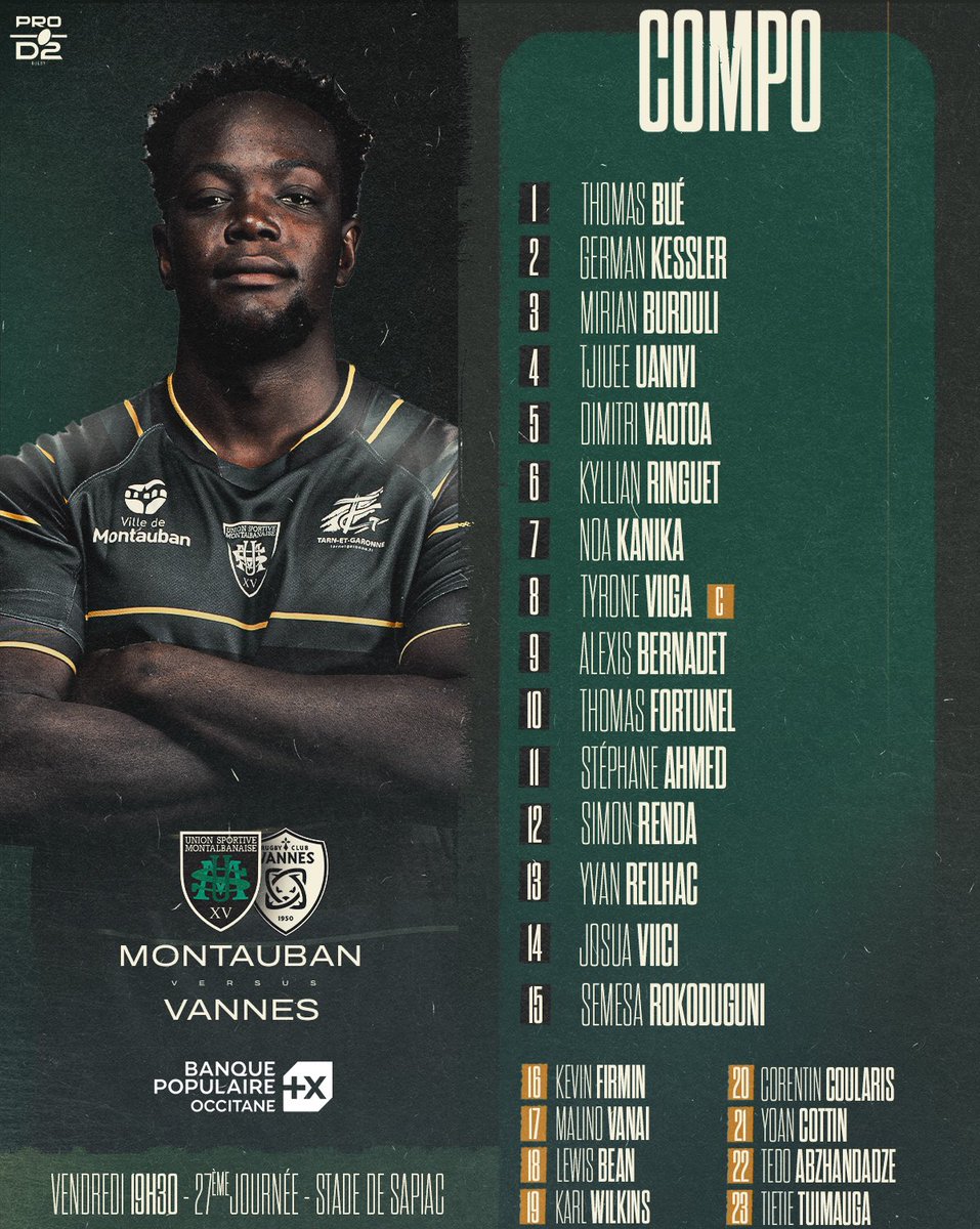 LesCompos's tweet photo. Les compos pour @UsmSapiacRugby - @RugbyClubVannes !
โฑ๏ธ Vendredi, 19h30
๐๏ธ Stade Sapiac, Montauban
#USMRCV #ProD2 https://t.co/bgk6ZRQXSq