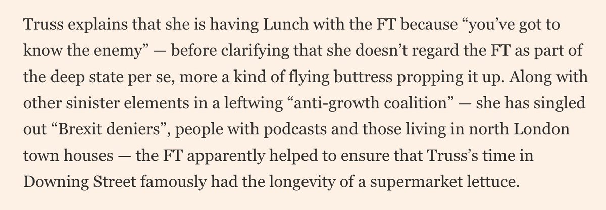 Liz Truss has Lunch with, er, the Deep State (@GeorgeWParker) and it makes for a great read. (No lettuce on the menu, sadly.) ft.com/content/8e0046…