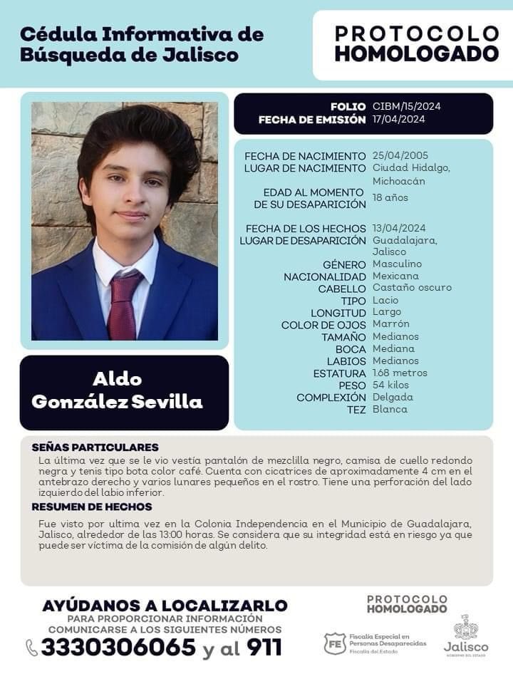 Aldo González, un joven de 18 años que vive en Guadalajara, sigue desaparecido desde el pasado sábado 13 de abril, en Jalisco, México. Favor de compartir