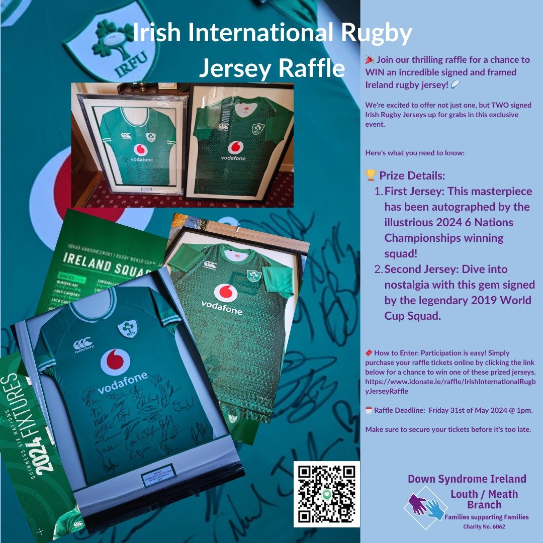 Down Syndrome Ireland's Louth Meath Branch have a wonderful raffle at the moment where you could win not one, but 2 signed Irish Rugby Jerseys! The link is below, and the full details are below. Best of luck and make sure to help a great cause! 👉 idonate.ie/raffle/irishin…