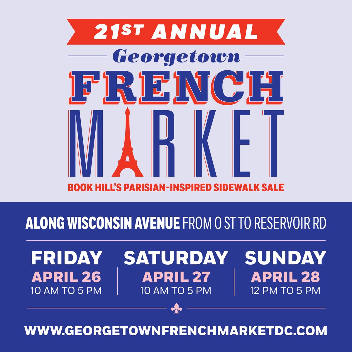 Bonjour tout les monde! 🤗 Your favorite Parisian-Inspired sidewalk sale turns 21 next weekend. From Friday 4/26 to Sunday 4/28, stroll along Wisconsin Avenue where over 40 boutiques, cafés, and galleries will treat you to their exceptional sales and specialties. 🛍️ À bientôt!