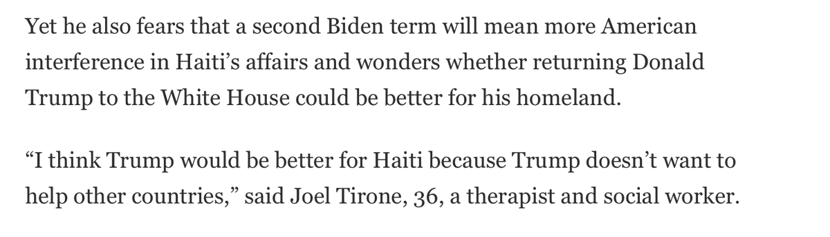 #Haiti: An extraordinary quote. Joel Tirone is pointing out that U.S. 'help' has actually been a disaster! Kudos to @washingtonpost for finally listening to #Haitian-Americans, instead of ignoring them. @moniclesca @Velina @jmakala washingtonpost.com/nation/2024/04…