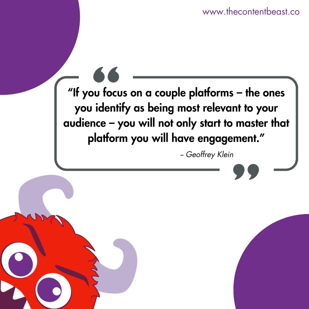 Tip from THE CONTENT BEAST: If you focus on a couple platforms – the ones you identify as being most relevant to your audience – you will not only start to master that platform you will have engagement. 

#TheContentBeast #StoryMatters #AIMeetsTheContentBeast