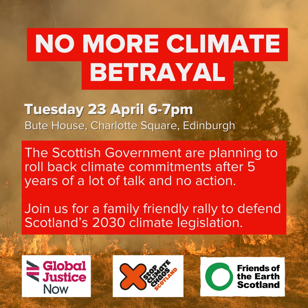 Join us on Tuesday outside Bute House to defend Scotland's climate targets and demand action. Bring your banners and your placards for a family-friendly protest🪧 📍 Bute House, Charlotte Square, Edinburgh 📅 Tuesday 23 April, 6-7pm